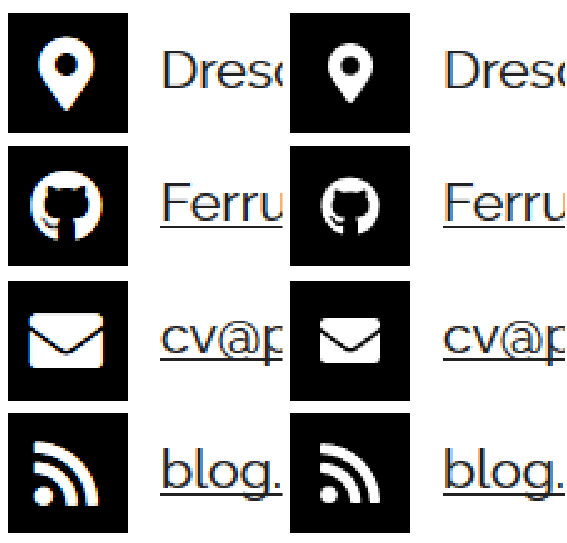 Two screenshots of my CV website showing the logos from the top of 
the page once using the font and once using the SVG icons. The icons using the 
SVGs are noticeable smaller.